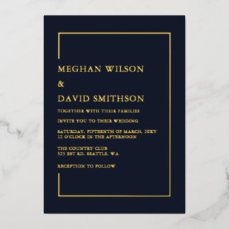Simple Minimalist Navy Modern Wedding Foil Invitation