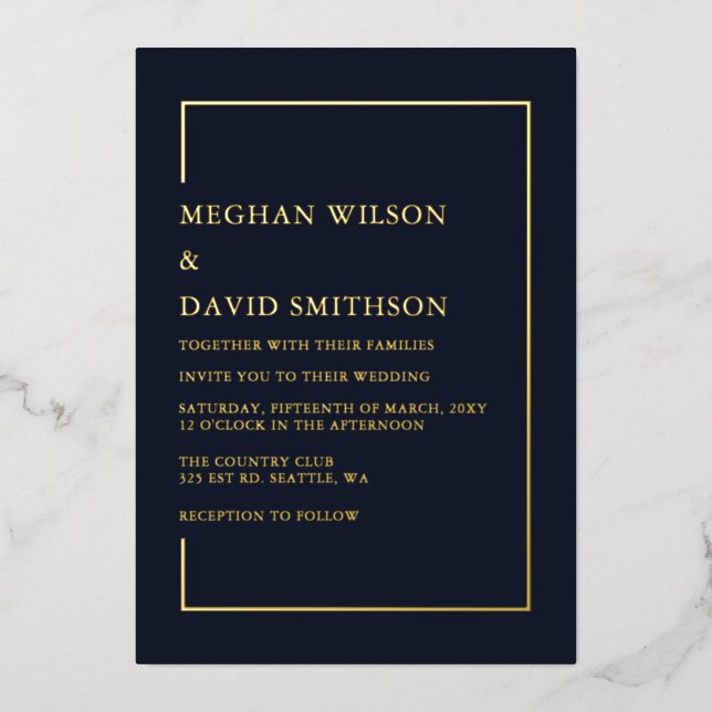 Simple Minimalist Navy Modern Wedding Foil Invitation (Front)
