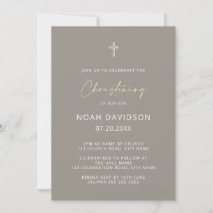 Simple Minimalist Neutral Gold Cross Christening Invitation