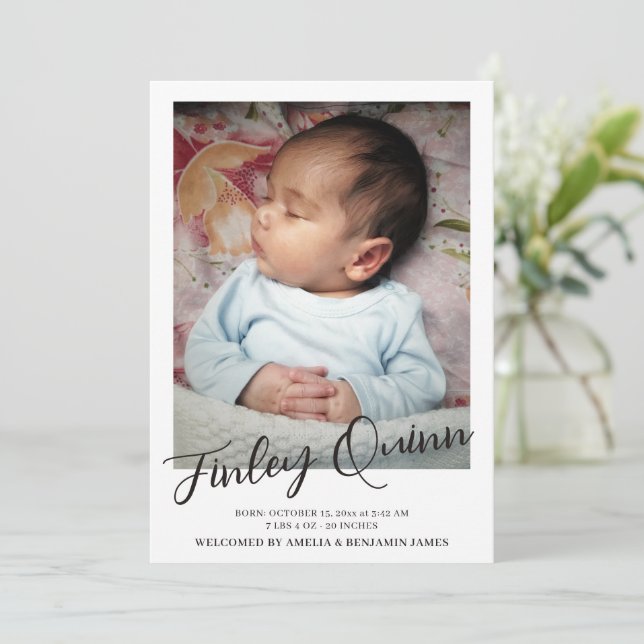Simple Minimalist Newborn Script Photo Announcement (Standing Front)