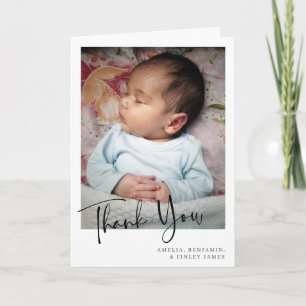 Simple Minimalist Newborn Script Photo Folded Thank You Card