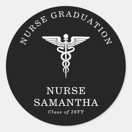 Simple Minimalist Nurse Graduation Caduseus Black  Classic Round Sticker