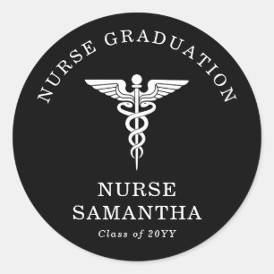 Simple Minimalist Nurse Graduation Caduseus Black Classic Round Sticker