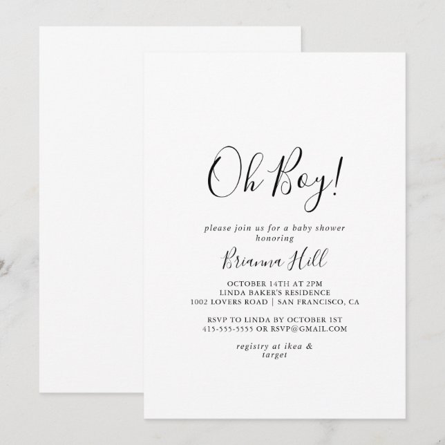 Simple Minimalist Oh Boy Baby Shower Invitation (Front/Back)