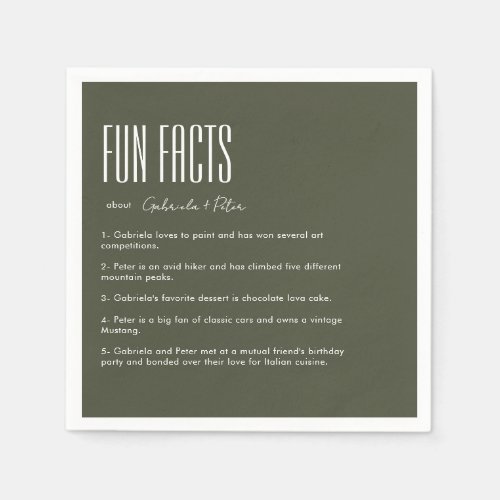 Simple Minimalist Olive Green Fun Facts Wedding Napkins