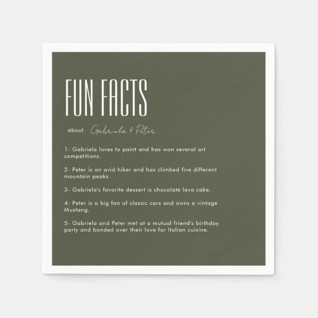 Simple Minimalist Olive Green Fun Facts Wedding Napkins (Front)