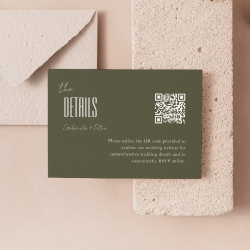 Simple Minimalist Olive Green QR Code Wedding Enclosure Card