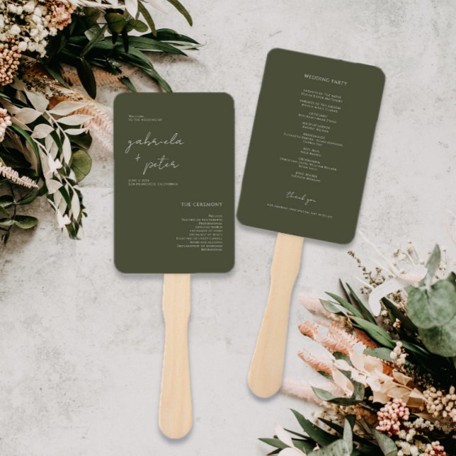 Simple Minimalist Olive Green Wedding Program Hand Fan (Creator Uploaded)