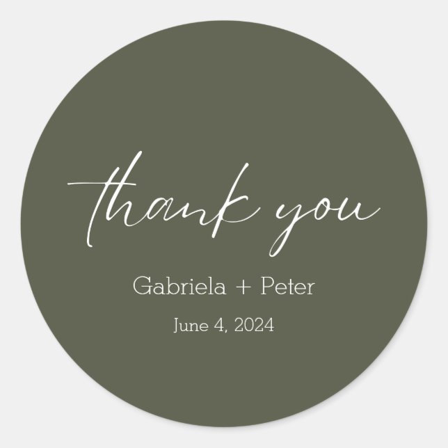 Simple Minimalist Olive Green Wedding Thank You Classic Round Sticker (Front)