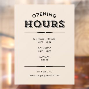 Simple Minimalist Opening Hours Black on Beige Window Cling