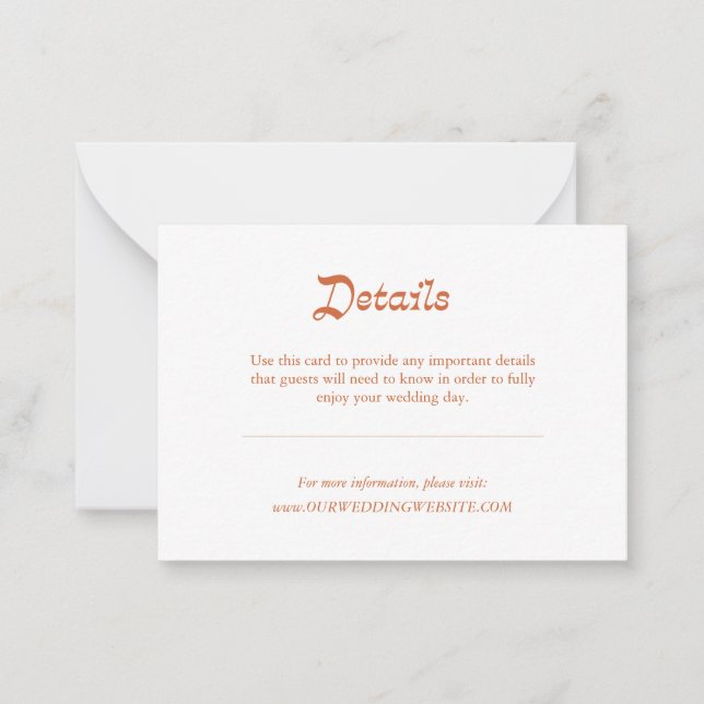 Simple Minimalist Orange Autumn Wedding Details  Note Card (Front)