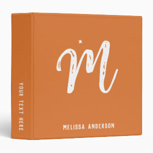 Simple Minimalist Orange Brown Monogram Name 3 Ring Binder