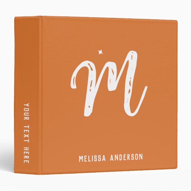 Simple Minimalist Orange Brown Monogram Name 3 Ring Binder (Front/Spine)