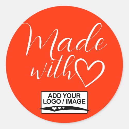 Simple Minimalist Orange Made With Love Heart Logo Classic Round Sticker