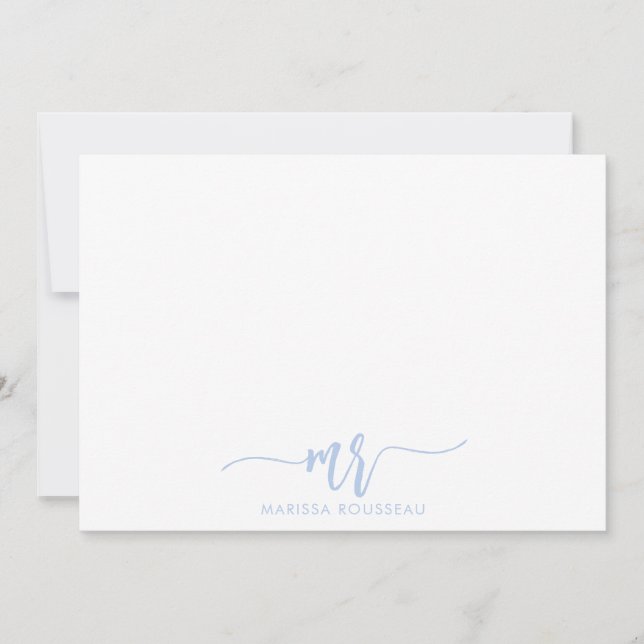 Simple Minimalist Pastel Blue Name Script Initial Note Card (Front)