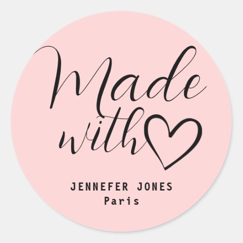 Simple Minimalist Pastel Pink Made With Love Heart Classic Round Sticker