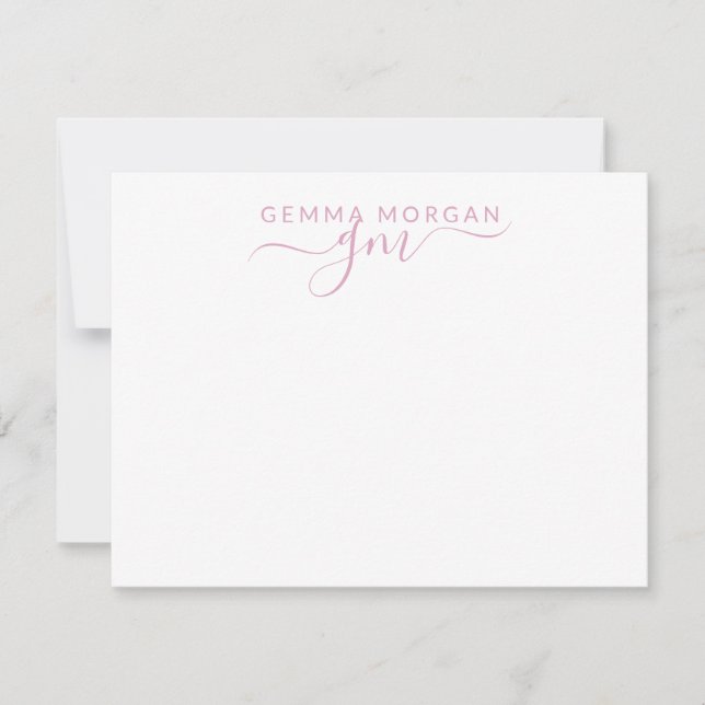 Simple Minimalist Pastel Pink Name Script Initial Note Card (Front)