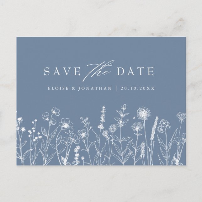 Simple Minimalist Periwinkle Floral Save the Date Postcard (Front)