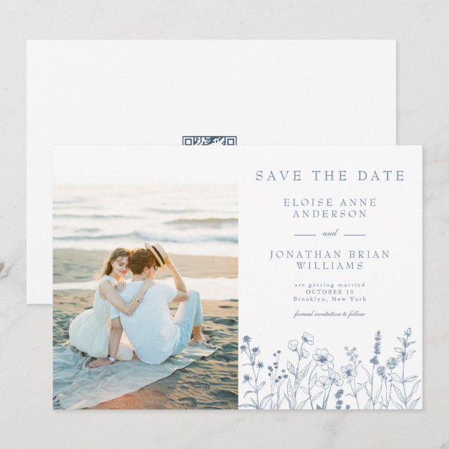 Simple Minimalist Periwinkle Wildflower Photo QR  Save The Date (Front/Back)