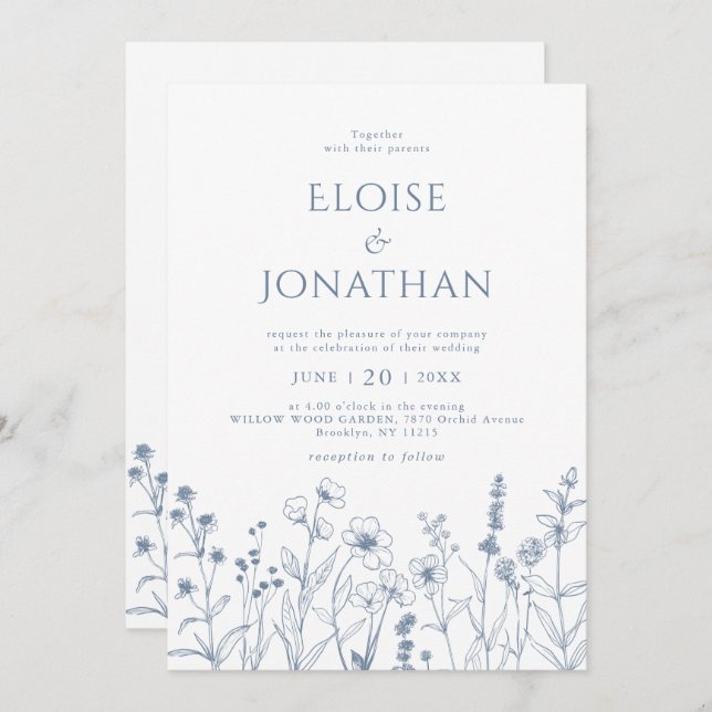 Simple Minimalist Periwinkle Wildflower Wedding Invitation (Front/Back)