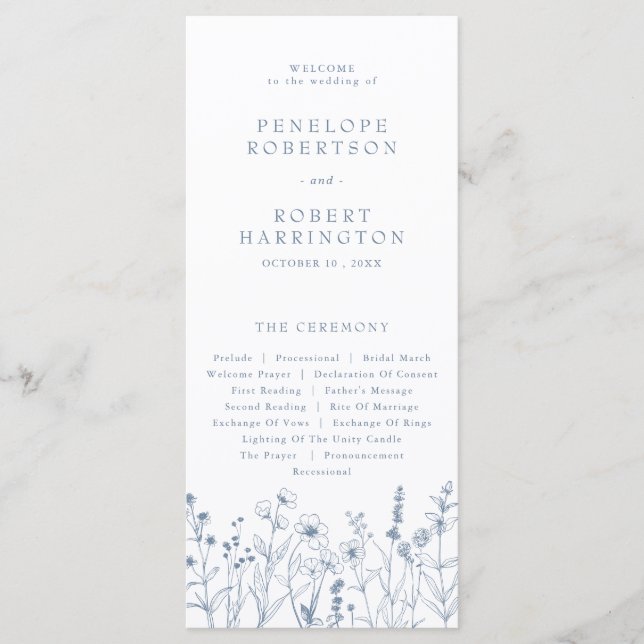 Simple Minimalist Periwinkle Wildflower Wedding Program (Front)