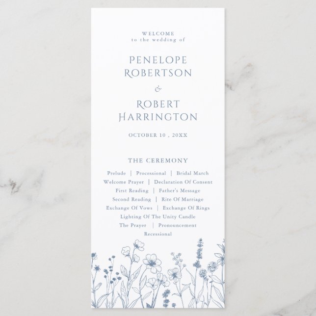 Simple Minimalist Periwinkle Wildflower Wedding Program (Front)