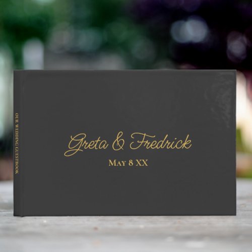 Simple Minimalist Personalized Charcoal Black Gold Guest Book