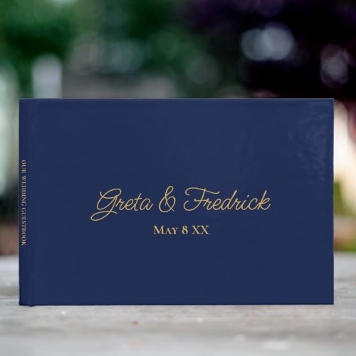 Simple Minimalist Personalized Navy Blue Gold Guest Book