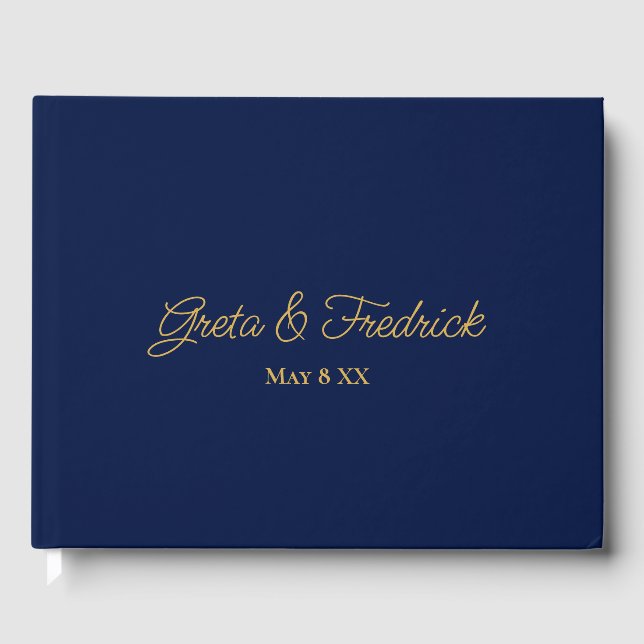 Simple Minimalist Personalized Navy Blue Gold Guest Book (Front)