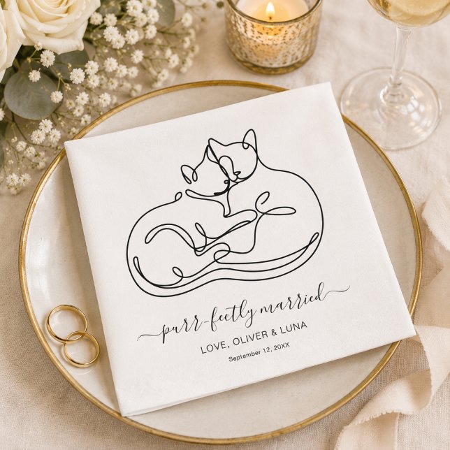 Simple Minimalist Personalized Pet Cat Wedding  Napkins (Customize with names & event date. Add  other text between the square symbols if you wish)