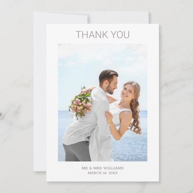 Simple Minimalist Personalized Photo Gray Wedding Thank You Card (Front)