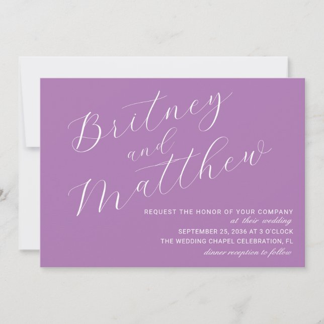 Simple Minimalist Photo Lavender Script Wedding Invitation (Front)
