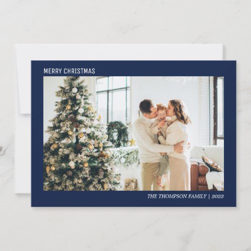 Simple Minimalist Photo Navy Blue Christmas Holiday Card