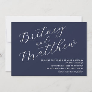 Simple Minimalist Photo Navy Blue Script Wedding Invitation