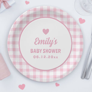 Simple Minimalist Pink Gingham Girl Baby Shower Paper Plates