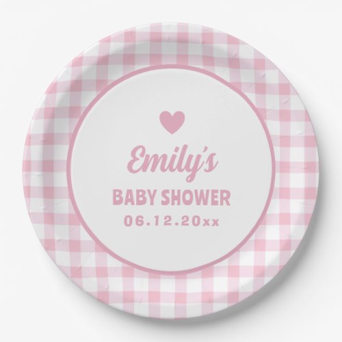 Simple Minimalist Pink Gingham Girl Baby Shower Paper Plates