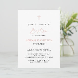 Simple Minimalist Pink Gray Cross Baptism Invitat Invitation