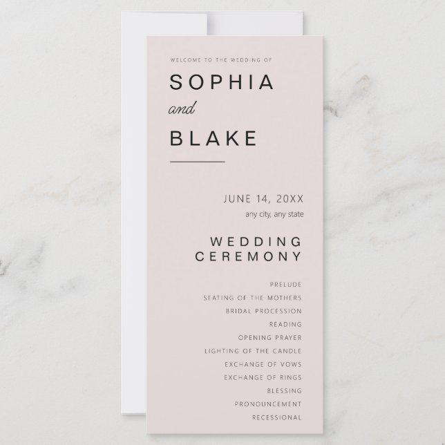 Simple Minimalist Pink Gray Wedding Program (Front)