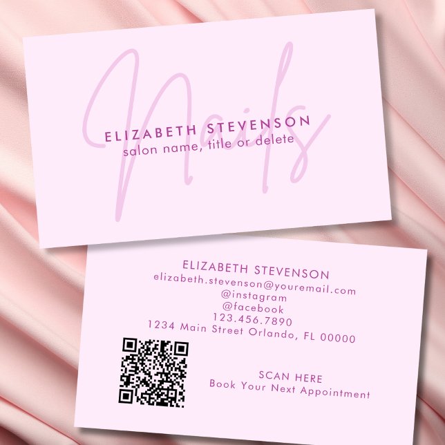 Simple Minimalist Pink Script Nail Artist QR Code Business Card (Creator Uploaded)
