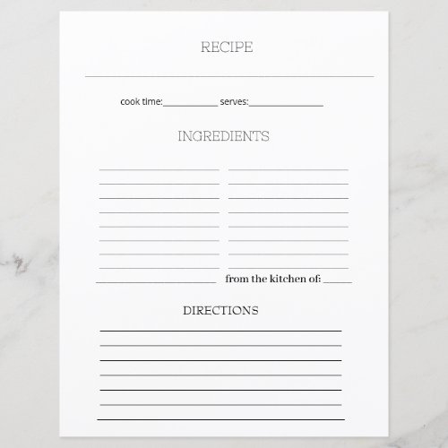 Simple Minimalist Recipe Cookbook Sheet Page 