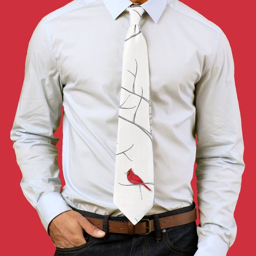 Simple Minimalist Red Cardinal Winter Birch Tree Neck Tie