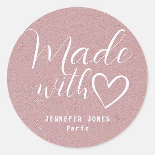 Simple Minimalist Rustic Pink Made With Love Heart Classic Round Sticker