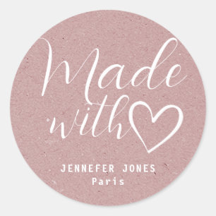 Simple Minimalist Rustic Pink Made With Love Heart Classic Round Sticker