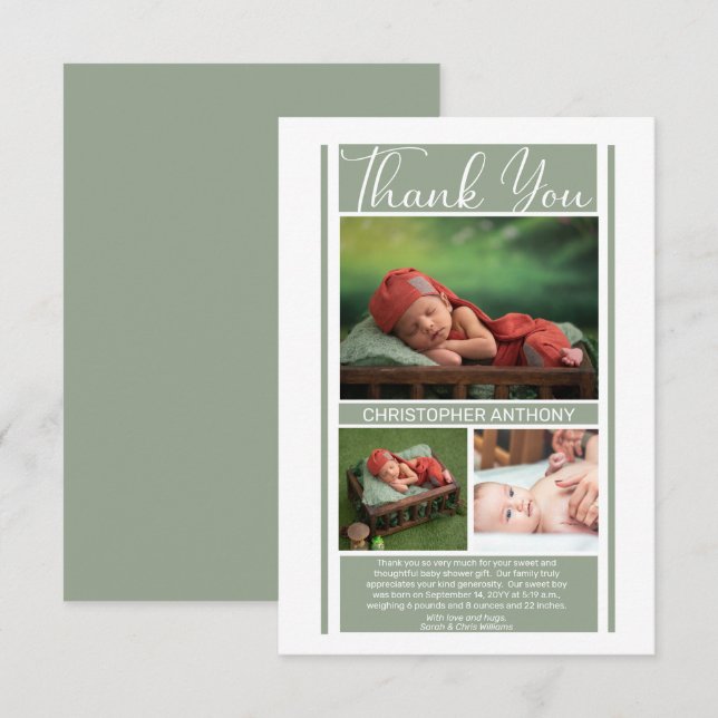 Simple Minimalist Sage Baby Shower Boy Thank You (Front/Back)
