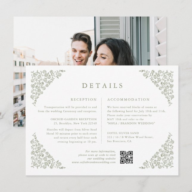 Simple Minimalist Sage Green Photo Wedding Details Enclosure Card (Front/Back)