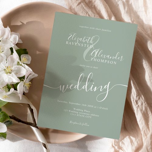 Simple minimalist sage green script chic wedding invitation
