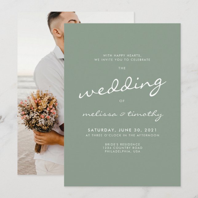 Simple Minimalist Sage Green Wedding Invitation (Front/Back)