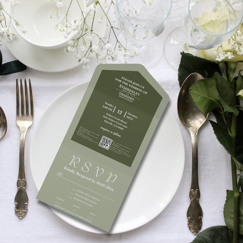 Simple Minimalist Sage Olive Green Cream QR Code All In One Invitation