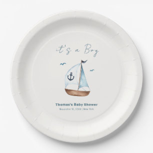 Simple Minimalist Sailboat Anchor Baby Shower Paper Plates