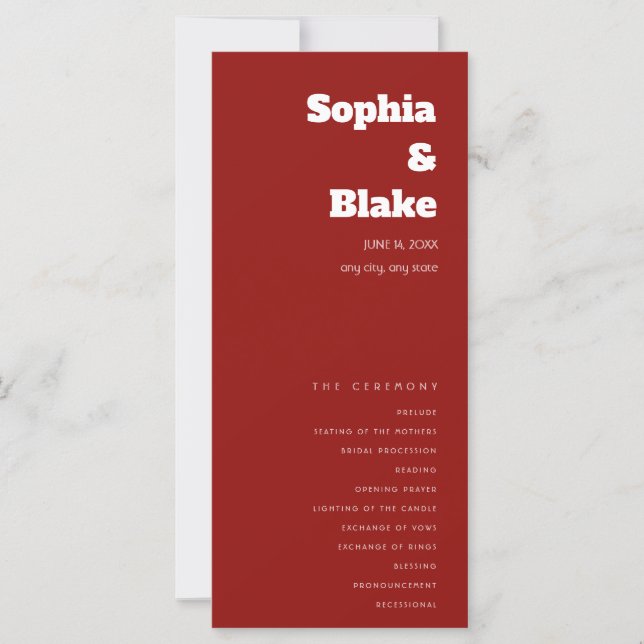Simple Minimalist Scarlet Red Wedding Program (Front)